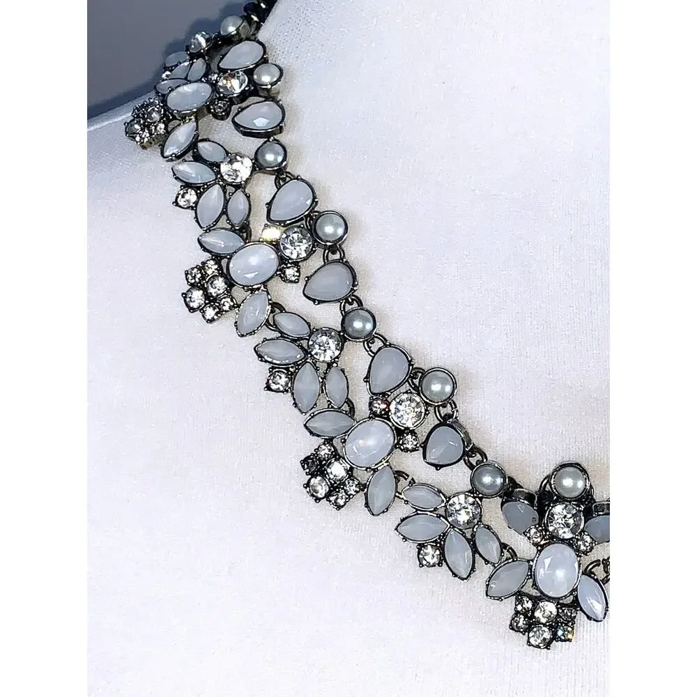 Ann Taylor LOFT Silver White Gray Crystal Cluster Statement Necklace